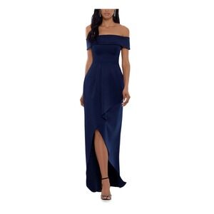 Xscape Womens Off Shoulder Asymmetrical Evening Dress Gown Navy Size 8 Slit